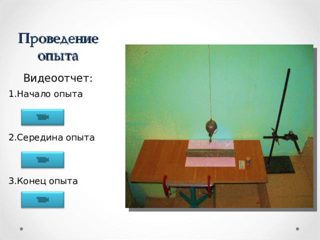 Проведение опыта Видеоотчет: Начало опыта   Середина опыта   Конец опыта 
