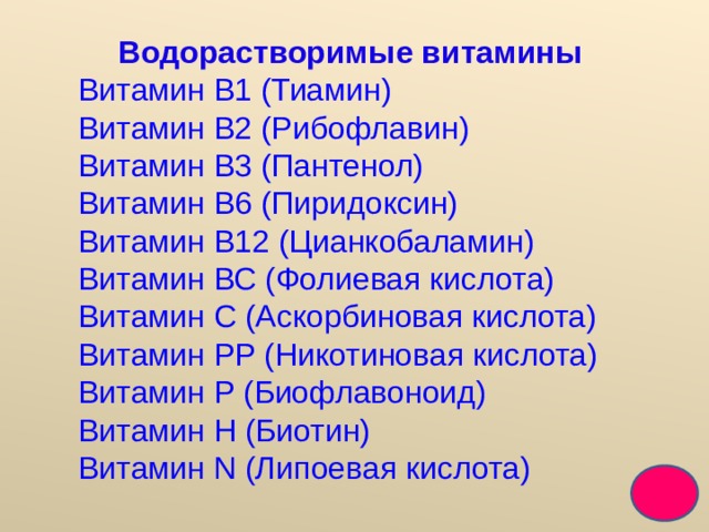 Водорастворимые витамины Витамин В1 (Тиамин) Витамин В2 (Рибофлавин) Витамин В3 (Пантенол) Витамин В6 (Пиридоксин) Витамин В12 (Цианкобаламин) Витамин ВС (Фолиевая кислота) Витамин С (Аскорбиновая кислота) Витамин РР (Никотиновая кислота) Витамин Р (Биофлавоноид) Витамин Н (Биотин) Витамин N (Липоевая кислота) Витамин В1 (Тиамин) Витамин В2 (Рибофлавин) Витамин В3 (Пантенол) Витамин В6 (Пиридоксин) Витамин В12 (Цианкобаламин) Витамин ВС (Фолиевая кислота) Витамин С (Аскорбиновая кислота) Витамин РР (Никотиновая кислота) Витамин Р (Биофлавоноид) Витамин Н (Биотин) Витамин N (Липоевая кислота) Витамин В1 (Тиамин) Витамин В2 (Рибофлавин) Витамин В3 (Пантенол) Витамин В6 (Пиридоксин) Витамин В12 (Цианкобаламин) Витамин ВС (Фолиевая кислота) Витамин С (Аскорбиновая кислота) Витамин РР (Никотиновая кислота) Витамин Р (Биофлавоноид) Витамин Н (Биотин) Витамин N (Липоевая кислота) 