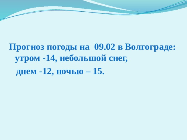 Прогноз погоды на 09.02 в Волгограде: утром -14, небольшой снег,  днем -12, ночью – 15. 