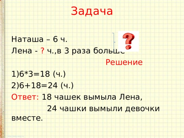 Задача   Наташа – 6 ч. Лена - ? ч.,в 3 раза больше  Решение 6*3=18 (ч.) 6+18=24 (ч.) Ответ: 18 чашек вымыла Лена,  24 чашки вымыли девочки вместе. 