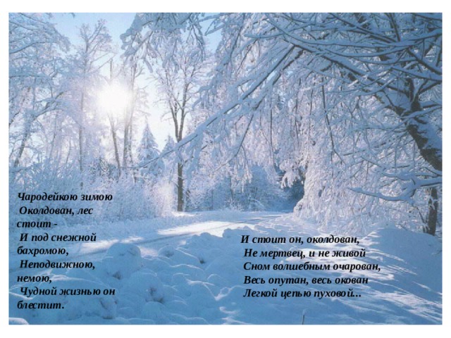 Чародейкою зимою  Околдован, лес стоит -  И под снежной бахромою,  Неподвижною, немою,  Чудной жизнью он блестит. И стоит он, околдован,  Не мертвец, и не живой  Сном волшебным очарован,  Весь опутан, весь окован  Легкой цепью пуховой...  