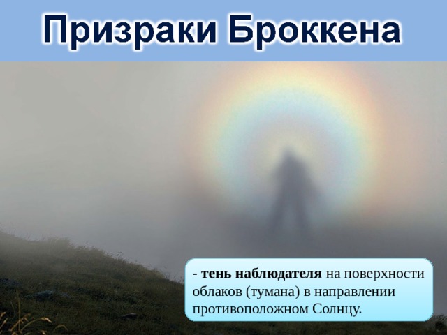 - тень наблюдателя на поверхности облаков (тумана) в направлении противоположном Солнцу. 
