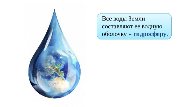 Все воды Земли составляют ее водную оболочку –  гидросферу . 