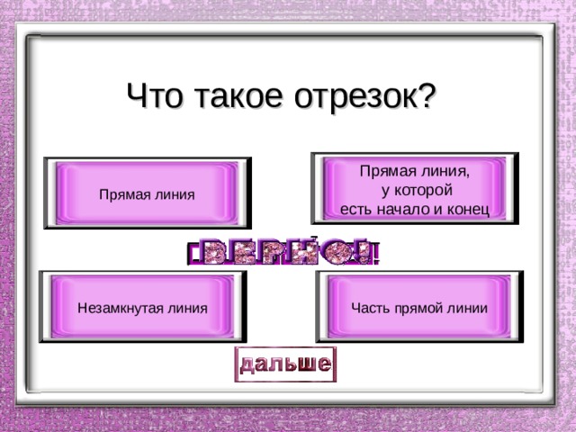 Что такое отрезок? Прямая линия,  у которой есть начало и конец Прямая линия Незамкнутая линия Часть прямой линии 