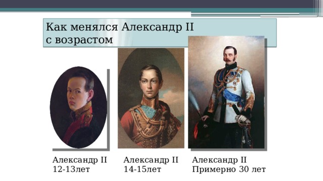 Как менялся Александр II  с возрастом Александр II Александр II Александр II 12-13лет 14-15лет Примерно 30 лет 