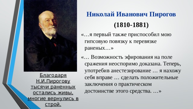 Николай Иванович Пирогов (1810-1881) «…я первый также приспособил мою гипсовую повязку к перевязке раненых…» «… Возможность эфирования на поле сражения неоспоримо доказана. Теперь, употребив анестезирование … я нахожу себя вправе … сделать положительные заключения о практическом достоинстве этого средства. …» Благодаря Н.И.Пирогову тысячи раненных остались живы, многие вернулись в строй. 