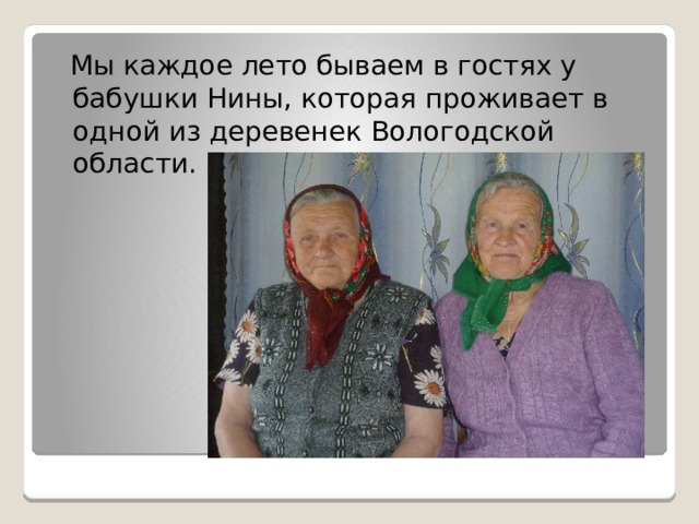  Мы каждое лето бываем в гостях у бабушки Нины, которая проживает в одной из деревенек Вологодской области. 