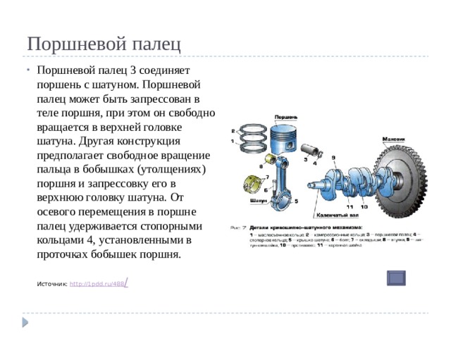 Поршневой палец Поршневой палец 3 соединяет поршень с шатуном. Поршневой палец может быть запрессован в теле поршня, при этом он свободно вращается в верхней головке шатуна. Другая конструкция предполагает свободное вращение пальца в бобышках (утолщениях) поршня и запрессовку его в верхнюю головку шатуна. От осевого перемещения в поршне палец удерживается стопорными кольцами 4, установленными в проточках бобышек поршня.   Источник:  http://1pdd.ru/488 / 