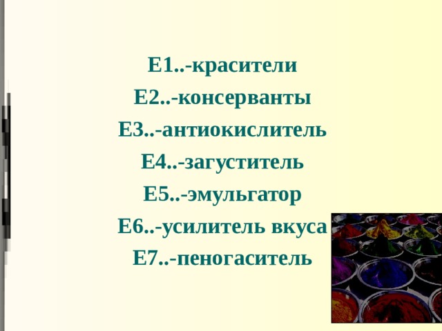 Е1..-красители Е2..-консерванты Е3..-антиокислитель Е4..-загуститель Е5..-эмульгатор Е6..-усилитель вкуса Е7..-пеногаситель  