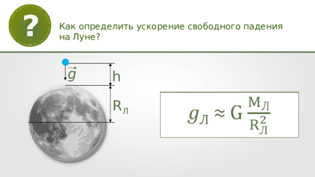 Как определить ускорение свободного падения на Луне? g h R Л 