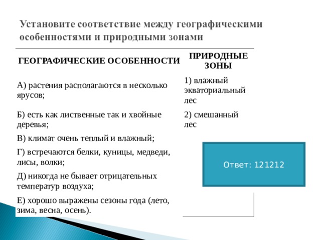 ГЕОГРАФИЧЕСКИЕ ОСОБЕННОСТИ ПРИРОДНЫЕ ЗОНЫ А) растения располагаются в несколько ярусов; 1) влажный экваториальный лес Б) есть как лиственные так и хвойные деревья; 2) смешанный лес В) климат очень теплый и влажный; Г) встречаются белки, куницы, медведи, лисы, волки; Д) никогда не бывает отрицательных температур воздуха; Е) хорошо выражены сезоны года (лето, зима, весна, осень). Ответ: 121212 