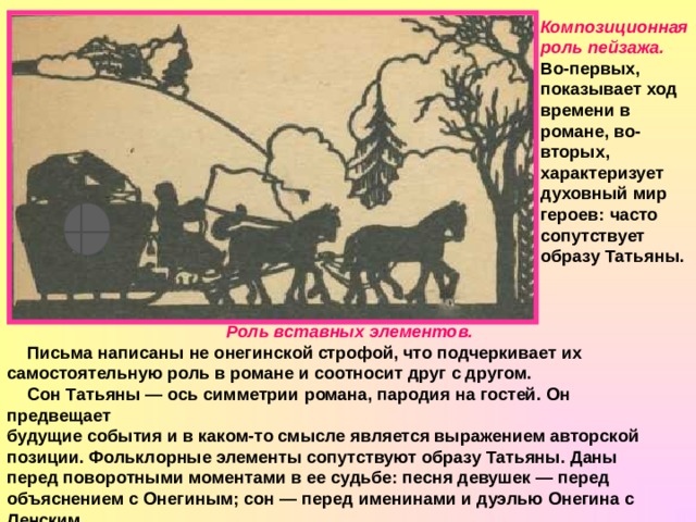 Композиционная роль пейзажа. Во-первых, показывает ход времени в романе, во-вторых, характеризует духовный мир героев: часто сопутствует образу Татьяны. Роль вставных элементов. Письма написаны не онегинской строфой, что подчеркивает их самостоятельную роль в романе и соотносит друг с другом. Сон Татьяны — ось симметрии романа, пародия на гостей. Он предвещает  будущие события и в каком-то смысле является выражением авторской позиции. Фольклорные элементы сопутствуют образу Татьяны. Даны перед поворотными моментами в ее судьбе: песня девушек — перед объяснением с Онегиным; сон — перед именинами и дуэлью Онегина с Ленским. 