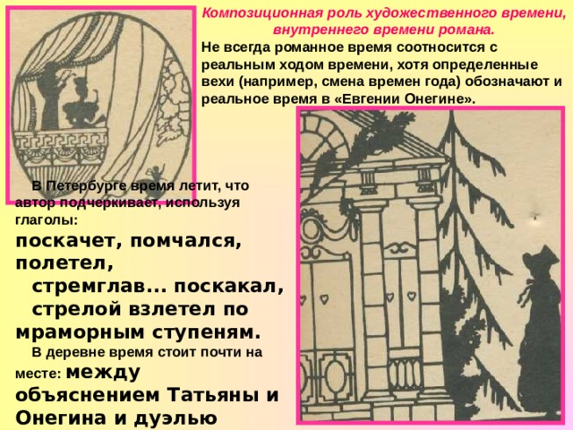 Композиционная роль художественного времени, внутреннего времени романа. Не всегда романное время соотносится с реальным ходом времени, хотя определенные вехи (например, смена времен года) обозначают и реальное время в «Евгении Онегине». В Петербурге время летит, что автор подчеркивает, используя глаголы:  поскачет, помчался, полетел, стремглав... поскакал, стрелой взлетел по мраморным ступеням. В деревне время стоит почти на месте: между объяснением Татьяны и Онегина и дуэлью проходит полгода. 