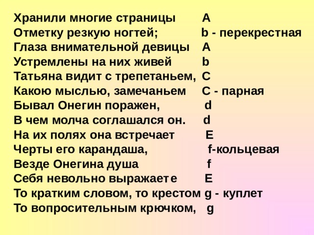 Хранили многие страницы  А Отметку резкую ногтей;   b - перекрестная Глаза внимательной девицы  А Устремлены на них живей  b Татьяна видит с трепетаньем,  С Какою мыслью, замечаньем  С - парная Бывал Онегин поражен,   d В чем молча соглашался он. d На их полях она встречает  Е Черты его карандаша,   f -кольцевая Везде Онегина душа   f Себя невольно выражает  е Е То кратким словом, то крестом g - куплет То вопросительным крючком, g 