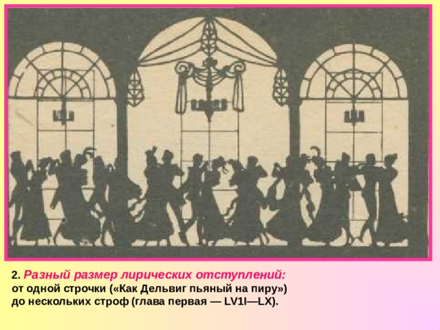 2. Разный размер лирических отступлений: от одной строчки («Как Дельвиг пьяный на пиру») до нескольких строф (глава первая — LV 1 I — LX ). 