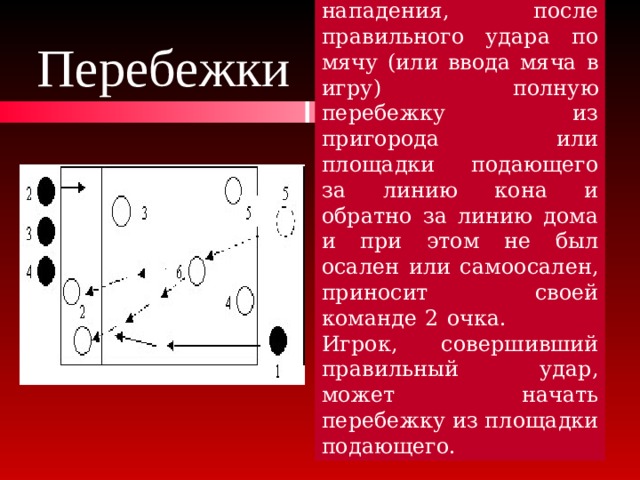 Каждый игрок нападения, после правильного удара по мячу (или ввода мяча в игру) полную перебежку из пригорода или площадки подающего за линию кона и обратно за линию дома и при этом не был осален или самоосален, приносит своей команде 2 очка. Игрок, совершивший правильный удар, может начать перебежку из площадки подающего. Перебежки 
