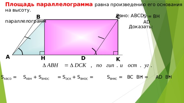 Площадь параллелограмма равна произведению его основания на высоту.  Дано: АВСD –параллелограмм  Доказать: В С S = BH AD А H D K S ABH + S BHDC = S DCK + S BHDC = S BHKC = BC BH = S ABCD = AD BH  7 