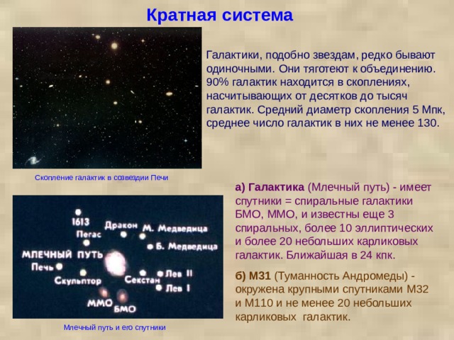 Кратная система Галактики, подобно звездам, редко бывают одиночными. Они тяготеют к объединению. 90% галактик находится в скоплениях, насчитывающих от десятков до тысяч галактик. Средний диаметр скопления 5 Мпк, среднее число галактик в них не менее 130. Скопление галактик в созвездии Печи а) Галактика (Млечный путь) - имеет спутники = спиральные галактики БМО, ММО, и известны еще 3 спиральных, более 10 эллиптических и более 20 небольших карликовых галактик. Ближайшая в 24 кпк. б)  М31 (Туманность Андромеды) - окружена крупными спутниками M32 и M110 и не менее 20 небольших карликовых  галактик. Млечный путь и его спутники 