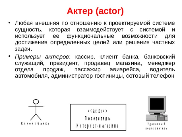 Актер (actor) Любая внешняя по отношению к проектируемой системе сущность, которая взаимодействует с системой и использует ее функциональные возможности для достижения определенных целей или решения частных задач. Примеры актеров : кассир, клиент банка, банковский служащий, президент, продавец магазина, менеджер отдела продаж, пассажир авиарейса, водитель автомобиля, администратор гостиницы, сотовый телефон 