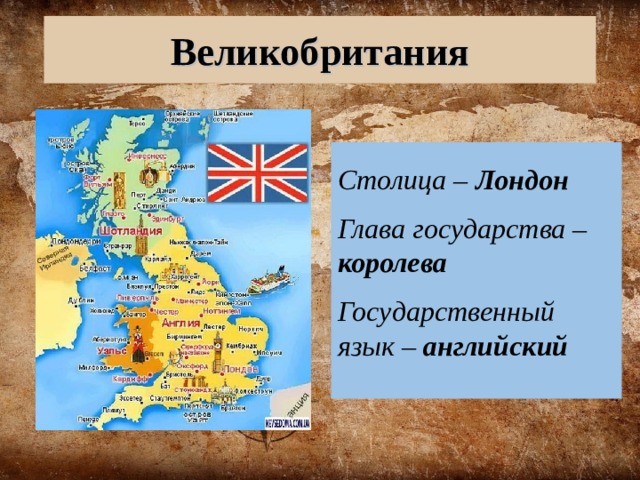 Великобритания  Столица – Лондон  Глава государства – королева  Государственный язык – английский  