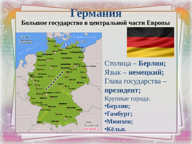 Германия Большое государство в центральной части Европы Столица – Берлин; Язык – немецкий; Глава государства – президент; Крупные города: Берлин; Гамбург; Мюнхен; Кёльн. 