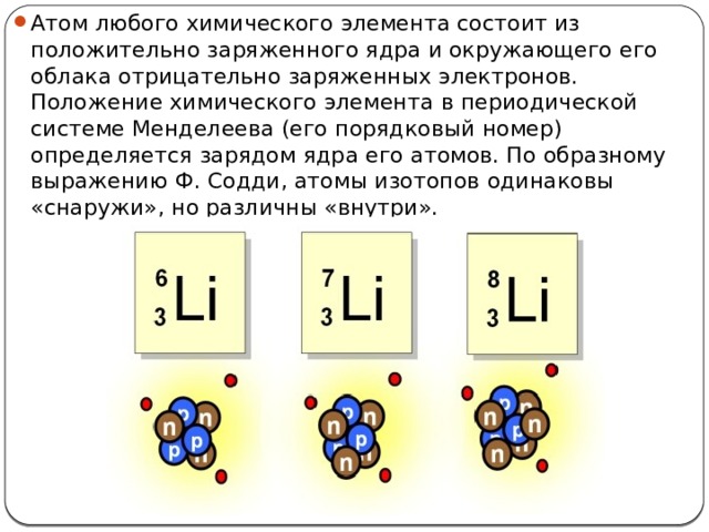 Атом любого химического элемента состоит из положительно заряженного ядра и окружающего его облака отрицательно заряженных электронов. Положение химического элемента в периодической системе Менделеева (его порядковый номер) определяется зарядом ядра его атомов. По образному выражению Ф. Содди, атомы изотопов одинаковы «снаружи», но различны «внутри».  