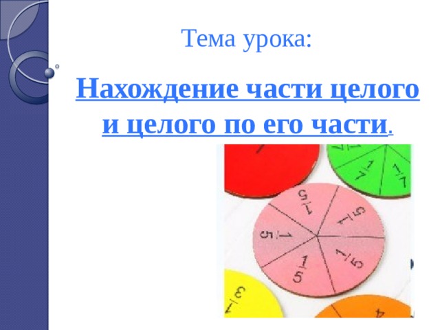 Тема урока: Нахождение части целого и целого по его части . 