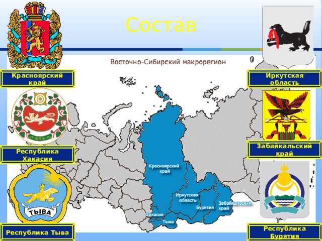 Состав Красноярский край Иркутская область Забайкальский край Республика Хакасия Республика Тыва Республика Бурятия 