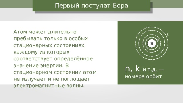 Первый постулат Бора Атом может длительно пребывать только в особых стационарных состояниях, каждому из которых соответствует определённое значение энергии. В стационарном состоянии атом не излучает и не поглощает электромагнитные волны. k n n, k и т.д. — номера орбит 