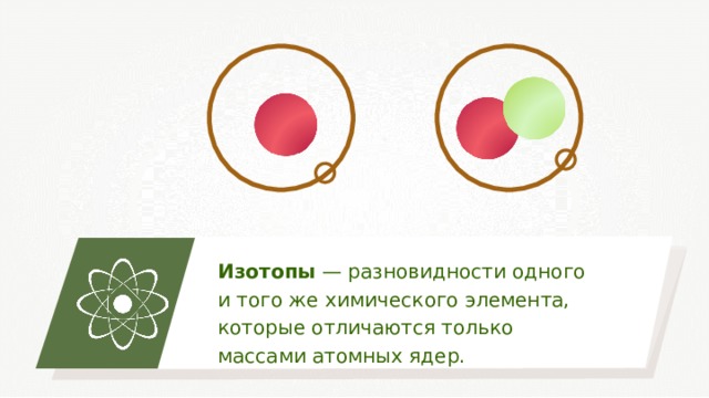 Изотопы — разновидности одного и того же химического элемента, которые отличаются только массами атомных ядер. 