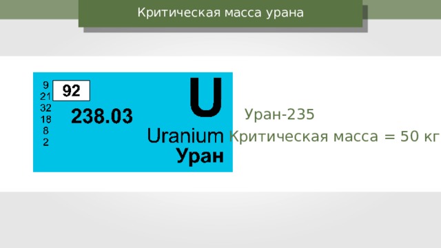 Критическая масса урана Уран-235 Критическая масса = 50 кг 