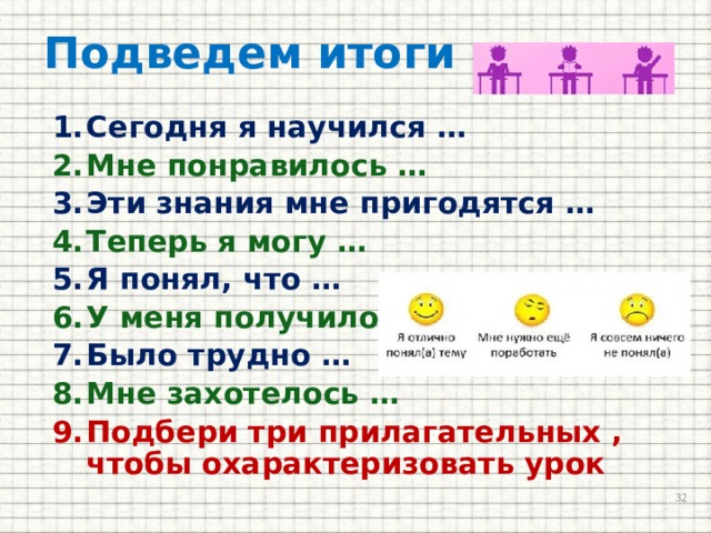 Подведем итоги Сегодня я научился … Мне понравилось … Эти знания мне пригодятся … Теперь я могу … Я понял, что … У меня получилось … Было трудно … Мне захотелось … Подбери три прилагательных , чтобы охарактеризовать урок   