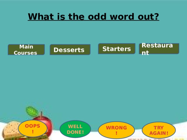 What is the odd word out?   Starters Restaurant Main Courses Desserts OOPS! WELL DONE! WRONG! TRY AGAIN! 