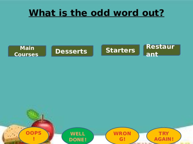 What is the odd word out?   Starters Restaurant Main Courses Desserts OOPS! WRONG! WELL DONE! TRY AGAIN! 