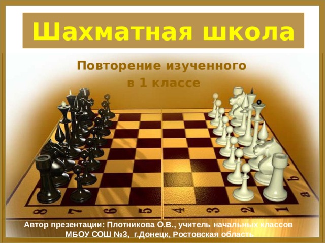 Шахматная школа Повторение изученного в 1 классе Автор презентации: Плотникова О.В., учитель начальных классов  МБОУ СОШ №3, г.Донецк, Ростовская область 