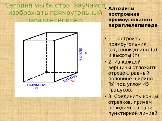 Прямоугольный параллелепипед куб свойства прямоугольного параллелепипеда. Алгоритм построения прямоугольного параллелепипеда. Прямоугольный параллелепипед под углом. Теорема об измерениях прямоугольного параллелепипеда. Диагональ прямого параллелепипеда формула.