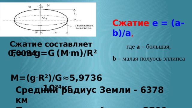 Сжатие  е = (a-b)/a , где а – большая, b – малая полуось эллипса  Сжатие составляет 0,0034 F=m . g=G  (M . m)/R 2  М=(g . R 2 )/G ≈ 5,9736 . 10 24 кг  ρ ср =М/V=5515кг/см 3 Средний радиус Земли - 6378 км Плотность земной коры - 2700 кг/см³ 