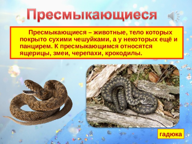  Пресмыкающиеся – животные, тело которых покрыто сухими чешуйками, а у некоторых ещё и панцирем. К пресмыкающимся относятся ящерицы, змеи, черепахи, крокодилы. гадюка 