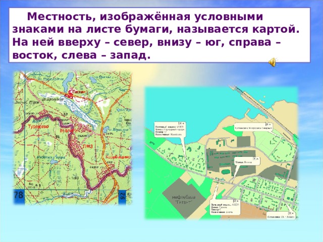  Местность, изображённая условными знаками на листе бумаги, называется картой. На ней вверху – север, внизу – юг, справа – восток, слева – запад. 