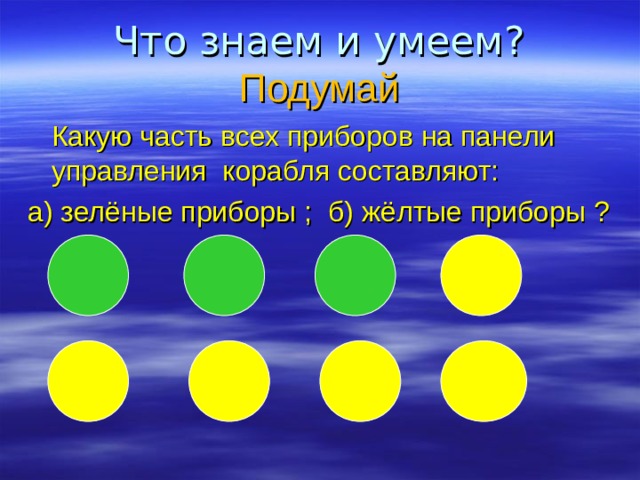 Что знаем и умеем?  Подумай  Какую часть всех приборов на панели управления корабля составляют: а) зелёные приборы ; б) жёлтые приборы ? 
