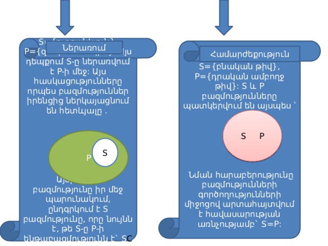 S={ուղղանկյուն}, P={զուգահեռագիծ}: Այս դեպքում S-ը ներառվում է P-ի մեջ: Այս հասկացությունները որպես բազմություններ իրենցից ներկայացնում են հետևյալը .  Այսինքն` P բազմությունը իր մեջ պարունակում, ընդգրկում է S բազմությունը, որը նույնն է, թե S-ը P-ի ենթաբազմությունն է` S С P: Ներառում S={բնական թիվ}, P={դրական ամբողջ թիվ}: S և P բազմությունները պատկերվում են այսպես ՝  Նման հարաբերությունը բազմությունների գործողությունների միջոցով արտահայտվում է հավասարության առնչությամբ` S=P: Համարժեքություն S P P S 