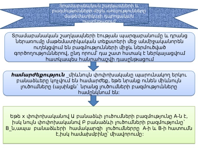 Տրամաբանական շաղկապների և բազմությունների միջև առնչությունները մաթեմատիկայի դպրոցական դասընթացում Տրամաբանական շաղկապների էության պարզաբանումը և դրանց ներառումը մաթեմատիկական տեքստերի մեջ անմիջականորեն ուղեկցվում են բազմությունների միջև ներմուծված գործողություններով, ընդ որում՝ դա շատ հստակ է ներկայացվում հատկապես հանրահաշվի դասընթացում համարժեքություն _միևնույն փոփոխականը պարունակող երկու բանաձևերը կոչվում են համարժեք, եթե նրանք ունեն միևնույն լուծումները (այսինքն` նրանց լուծումների բազմությունները համընկնում են: Եթե x փոփոխականով Ա բանաձևի լուծումների բազմությունը A-ն է, իսկ նույն փոփոխականով Բ բանաձևի լուծումների բազմությունը` B_ն,ապա բանաձևերի համակարգի լուծումներրը A-ի և B-ի հատումն է,իսկ համախմբինը՝ միավորումը: 