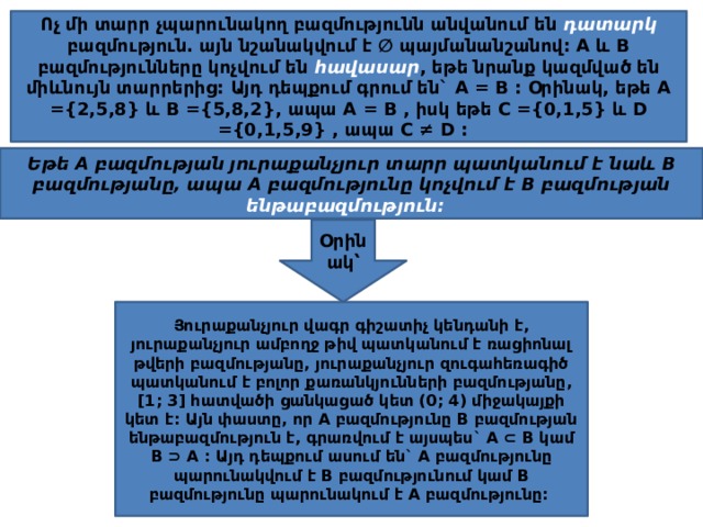 Ոչ մի տարր չպարունակող բազմությունն անվանում են դատարկ բազմություն. այն նշանակվում է ∅ պայմանանշանով: A և B բազմությունները կոչվում են հավասար , եթե նրանք կազմված են միևնույն տարրերից: Այդ դեպքում գրում են` A = B : Օրինակ, եթե A ={2,5,8} և B ={5,8,2}, ապա A = B , իսկ եթե C ={0,1,5} և D ={0,1,5,9} , ապա C ≠ D : Եթե A բազմության յուրաքանչյուր տարր պատկանում է նաև B բազմությանը, ապա A բազմությունը կոչվում է B բազմության ենթաբազմություն: Օրինակ՝ Յուրաքանչյուր վագր գիշատիչ կենդանի է, յուրաքանչյուր ամբողջ թիվ պատկանում է ռացիոնալ թվերի բազմությանը, յուրաքանչյուր զուգահեռագիծ պատկանում է բոլոր քառանկյունների բազմությանը, [1; 3] հատվածի ցանկացած կետ (0; 4) միջակայքի կետ է: Այն փաստը, որ A բազմությունը B բազմության ենթաբազմություն է, գրառվում է այսպես` A ⊂ B կամ B ⊃ A : Այդ դեպքում ասում են` A բազմությունը պարունակվում է B բազմությունում կամ B բազմությունը պարունակում է A բազմությունը: 