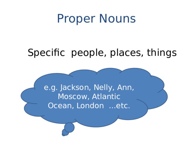 Proper Nouns Specific people, places, things e.g. Jackson, Nelly, Ann, Moscow, Atlantic Ocean, London …etc. 