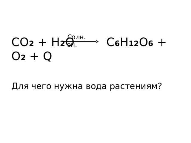 Солн. эн. CO 2 + H 2 O   C 6 H 12 O 6 + O 2 + Q Для чего нужна вода растениям? 