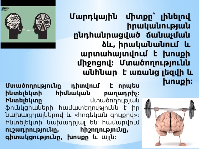 Մարդկային միտքը՝ լինելով իրականության ընդհանրացված ճանաչման ձև, իրականանում և արտահայտվում է խոսքի միջոցով։ Մտածողությունն անհնար է առանց լեզվի և խոսքի։    Մտածողությունը դիտվում է որպես ինտելեկտի հիմնական բաղադրիչ։  Ինտելեկտը մտածողության ֆունկցիաների համատեղությունն է իր նախադրյալներով և «հոգեկան գույքով»։ Ինտելեկտի նախադրյալ են համարվում ուշադրությունը, հիշողությունը, գիտակցությունը, խոսքը և այլն: 