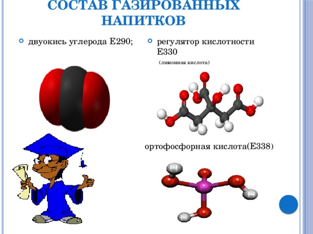 Состав газированных напитков двуокись углерода Е290; регулятор кислотности Е330  (лимонная кислота) ортофосфорная кислота(Е338 ) 