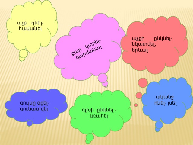   աչք դնել- հավանել քար կտրել- զարմանալ աչքի ընկնել-նկատվել, երևալ ականջ դնել- լսել  գույնը գցել-գունատվել  գլխի ընկնել - կռահել 