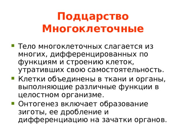 Подцарство Многоклеточные Тело многоклеточных слагается из многих, дифференцированных по функциям и строению клеток, утративших свою самостоятельность. Клетки объединены в ткани и органы, выполняющие различные функции в целостном организме. Онтогенез включает образование зиготы, ее дробление и дифференциацию на зачатки органов. 