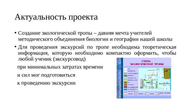 Актуальность проекта Создание экологической тропы – давняя мечта учителей методического объединения биологии и географии нашей школы Для проведения экскурсий по тропе необходима теоретическая информация, которую необходимо компактно оформить, чтобы любой ученик (экскурсовод)  при минимальных затратах времени  и сил мог подготовиться  к проведению экскурсии 